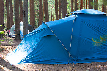 Image showing camping outdoor with  tent in woods in summer 