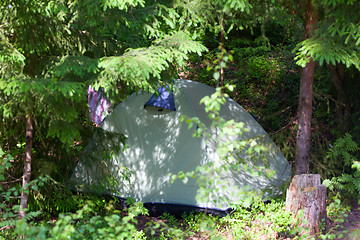 Image showing camping outdoor with  tent in woods in summer 