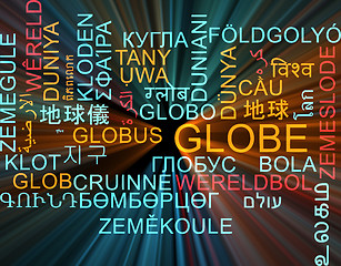 Image showing Globe multilanguage wordcloud background concept glowing