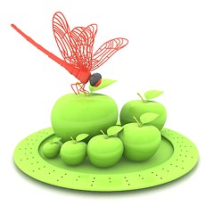 Image showing Dragonfly on apple on Serving dome or Cloche. Natural eating concept