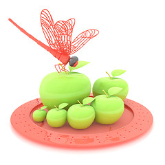 Image showing Dragonfly on apple on Serving dome or Cloche. Natural eating concept