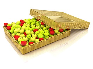 Image showing Wicker basket full of apples isolated on white