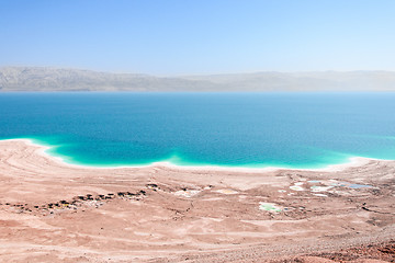 Image showing Aerial view Dead Sea coast landscape with therapeutic curative mud
