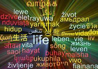 Image showing Life multilanguage wordcloud background concept glowing
