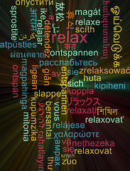 Image showing Relax multilanguage wordcloud background concept glowing