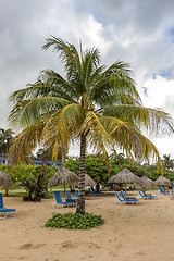 Image showing Sunbed and umbrella on a tropical beach