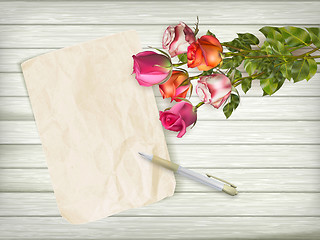 Image showing Fresh Roses on wooden background. EPS 10
