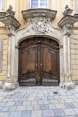 Image showing Traditional wooden door in the town, Slovakia