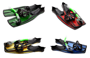 Image showing Set of multicolor swim fins, mask and snorkel for diving on whit