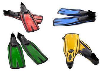 Image showing Set of multicolor swim fins for diving on white background