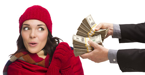 Image showing Mixed Race Young Woman Being Handed Thousands of Dollars