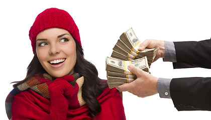 Image showing Mixed Race Young Woman Being Handed Thousands of Dollars