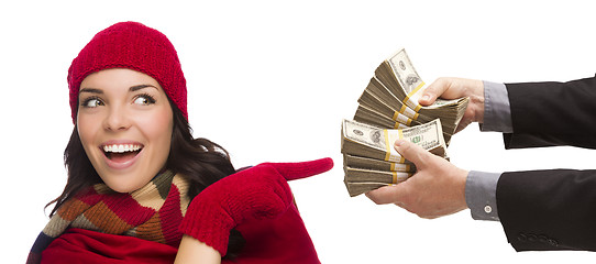 Image showing Mixed Race Young Woman Being Handed Thousands of Dollars