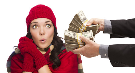 Image showing Mixed Race Young Woman Being Handed Thousands of Dollars