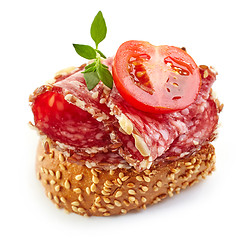 Image showing toasted bread with salami and tomato