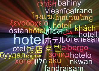 Image showing Hotel multilanguage wordcloud background concept glowing