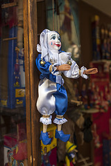 Image showing Prague,Czech Republic - 8 May, 2013 : Prague souvenirs, traditional puppets made from wood in the gift shop. .