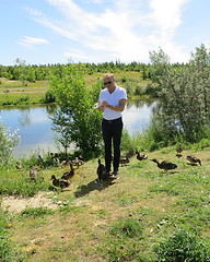 Image showing Man feeding ducks