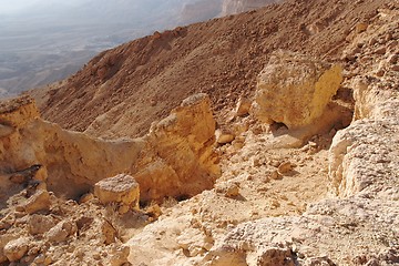 Image showing Scenic orange rocks in desert canyon (Small Crater, or Makhtesh Katan in Negev desert, Israel)