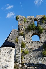 Image showing Contrail of the jet plane above ruin of Celje medieval castle in Slovenia