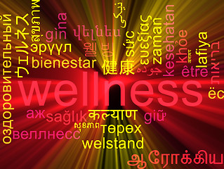 Image showing Wellness multilanguage wordcloud background concept glowing