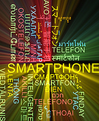 Image showing Smartphone multilanguage wordcloud background concept glowing