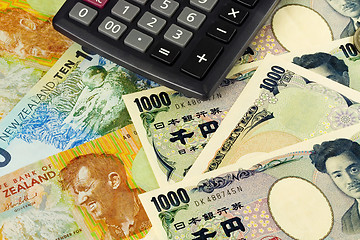 Image showing Forex - New Zealand and Japanese currency pair with calculator

