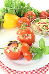 Image showing stuffed Tomatoes with pasta salad