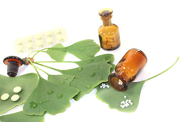 Image showing Ginkgo leaf with pills and pharmacist bottle