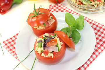 Image showing Tomatoes stuffed with pasta salad and cress