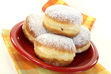 Image showing Pancakes with powdered sugar and jam