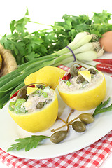 Image showing stuffed Lemons with tuna cream, capers and eggs