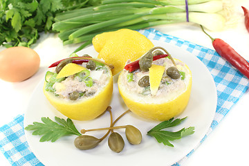Image showing stuffed Lemons with tuna cream, capers and eggs