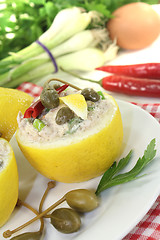 Image showing stuffed Lemons with tuna cream and eggs