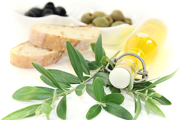 Image showing Bottle of olive oil with branch