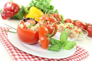 Image showing Tomatoes stuffed with pasta salad and bell pepper