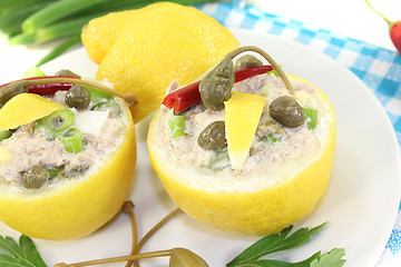 Image showing stuffed Lemons with tuna cream and eggs