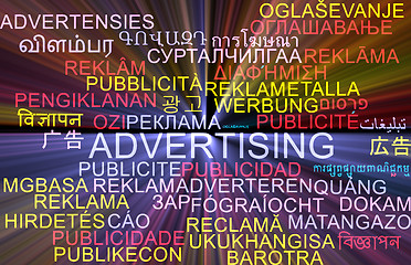 Image showing Advertising multilanguage wordcloud background concept glowing