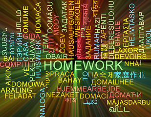 Image showing Homework multilanguage wordcloud background concept glowing