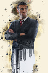 Image showing Double exposure with low poly design of businessman and city