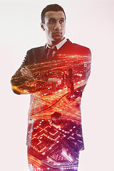 Image showing Double exposure of businessman and city