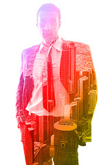 Image showing Double exposure of businessman and city