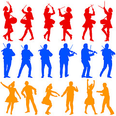 Image showing Color silhouettes of beautiful mans and womans. Drummer, violini