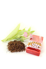 Image showing Tobacco with cigarettes case, leafs and blossoms