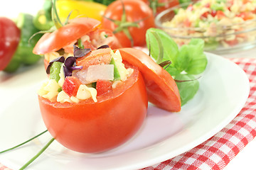 Image showing stuffed tomatoes with pasta salad and cress