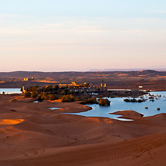 Image showing sunshine in the lake yellow  desert of morocco sand and     dune