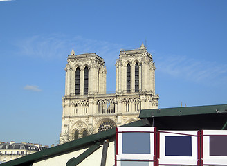 Image showing Paris France view of Notre Dame from left bank River Seine kiosk