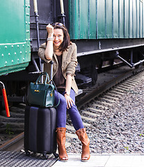 Image showing beautiful woman traveler laughing