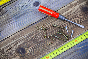 Image showing group of screw with a screwdriver