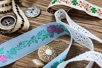 Image showing vintage ribbons, lace, tape and buttons